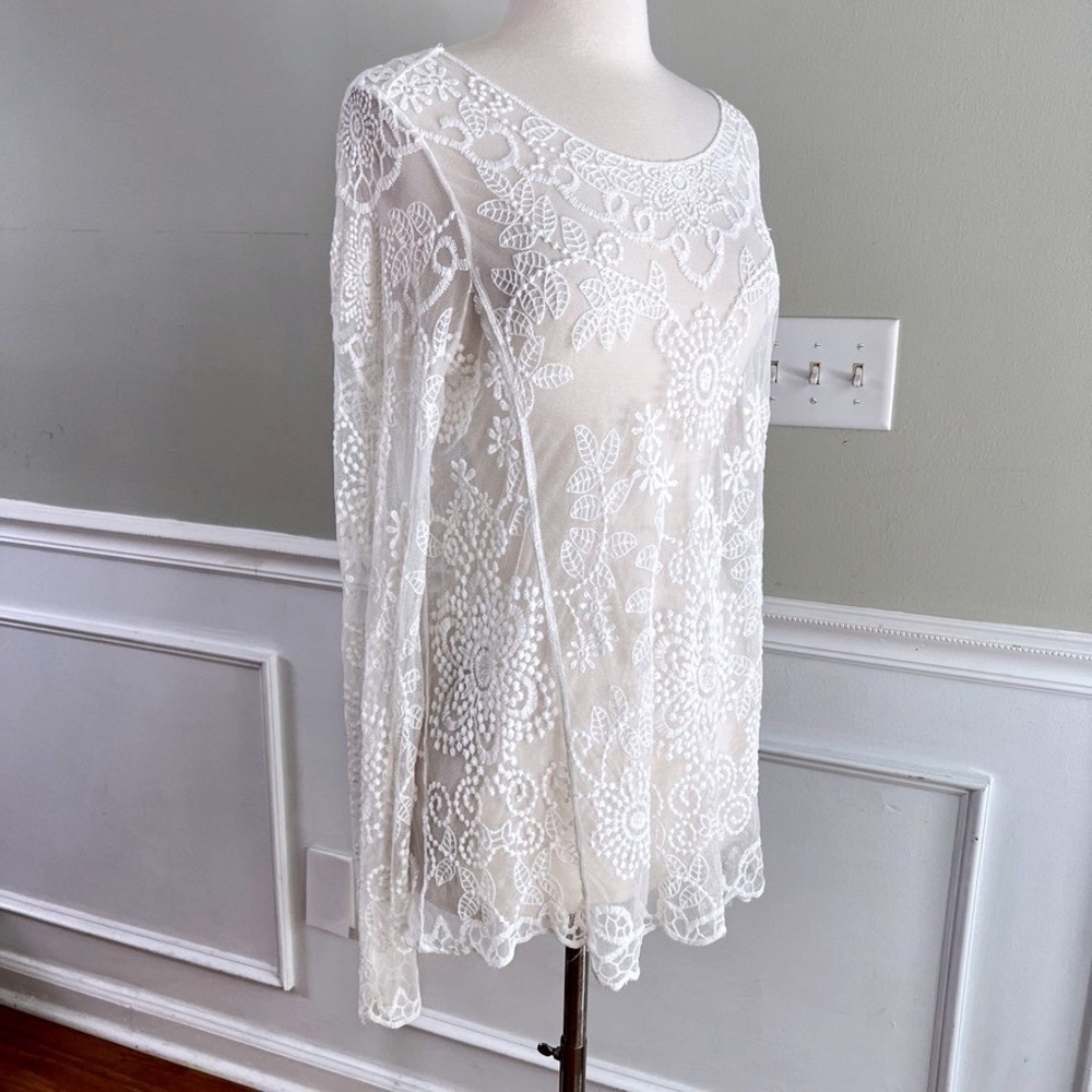 PinkMelo Lace Top L Womens Sheer Floral Crochet Long Sleeve White Boho Festival
